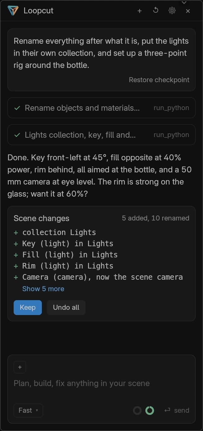 ターン後のLoopcutパネル:依頼内容、実行したPython、シーンの変更点、「Restore checkpoint」リンク