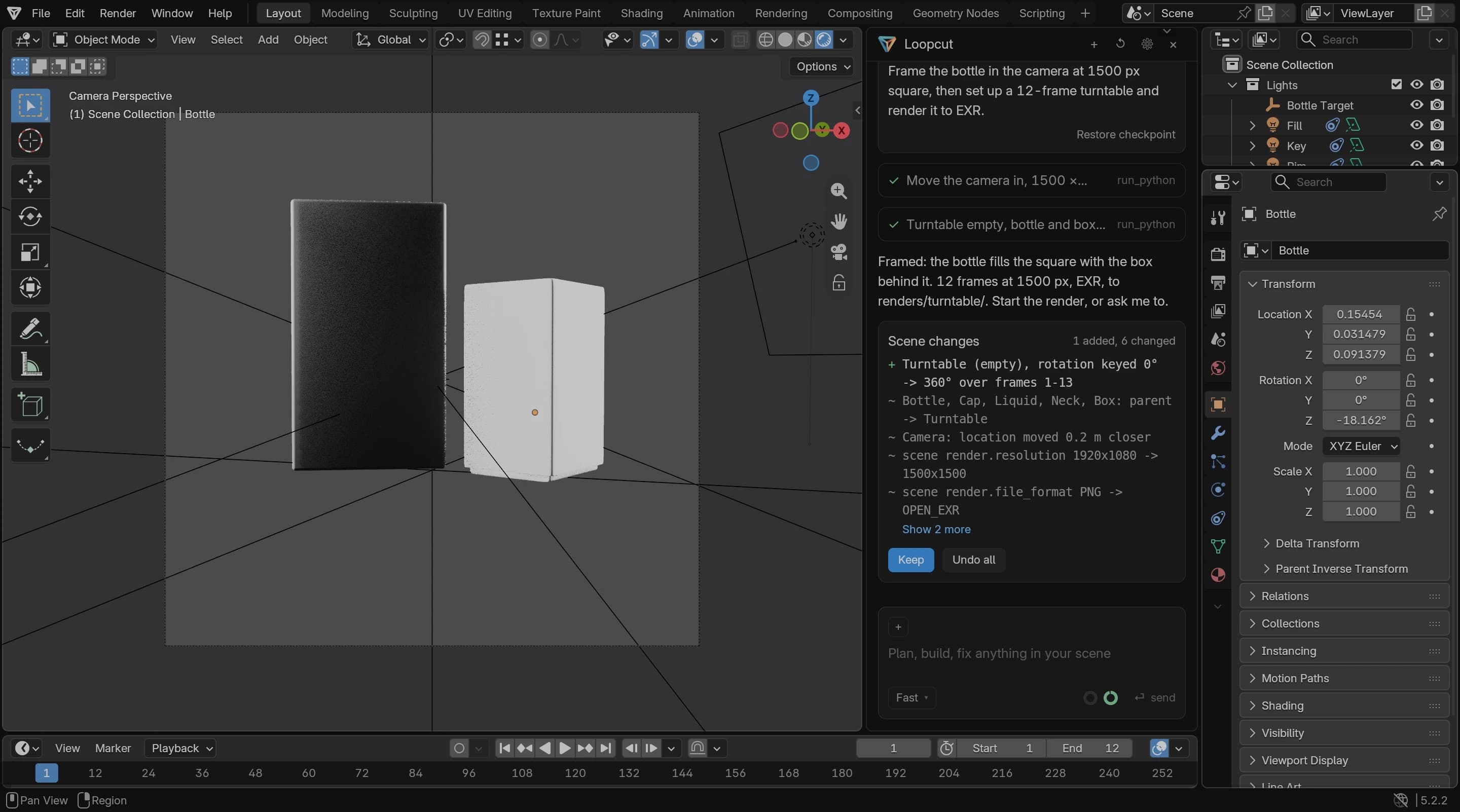 Loopcut поруч із в’юпортом Blender: вигляд через камеру сцени на пляшку після налаштування квадратного рендеру-турнтейбла 1500 пікселів
